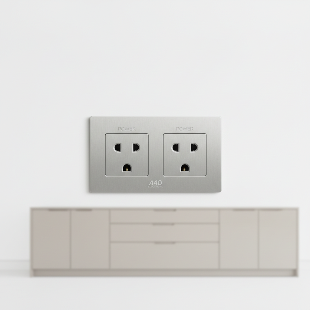 A close-up image of high-quality double electrical sockets with brushed stainless steel finish, installed flush against a spotless white wall. The sockets are elegantly modern with laser-etched labels, surrounded by a background of minimally designed office cabinetry in soft taupe. Even, shadowless artificial lighting accentuates the crisp lines and smooth surfaces, creating subtle reflections on the steel faceplates. Captured at eye level with symmetrical framing and a shallow depth of field that softly blurs the background, the image exudes precision and fine workmanship. The overall feel is professional and trustworthy, echoing the dependable service ethos of an experienced electrician. The style is photographic realism with a strong focus on clean lines and a neutral color palette, supporting the corporate identity of A40 Electrical.