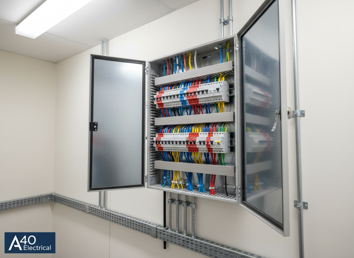 A modern distribution board, doors open to reveal color-coded circuit breakers and perfectly routed cabling, occupies the focal point against a backdrop of smooth, off-white commercial plasterboard. The setting is a well-maintained plant room with neatly clipped conduit and cable trays. Diffused fluorescent lighting fills the space, producing uniform brightness without harsh shadows, and accentuates the clarity of the labeling and the gloss finish of the components. The shot is framed from a three-quarter angle with leading lines drawing the eye toward the distribution board, all elements in crisp focus. The mood is orderly and transparent, reinforcing confidence in the quality of installation by an experienced electrician. The overall aesthetic is clean, corporate, and photographic, consistent with the professional branding of A40 Electrical.