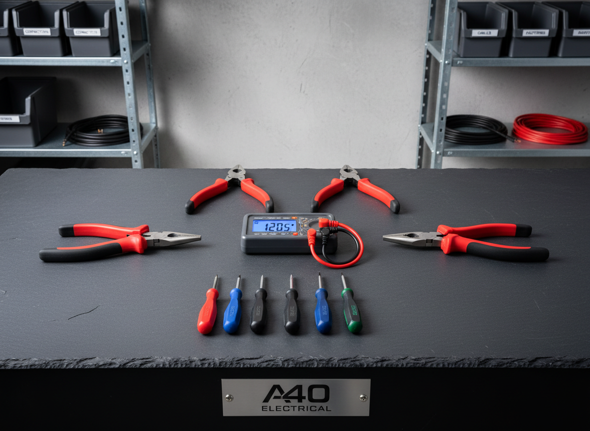A detailed composition of premium electrical tools—precision screwdrivers, insulated pliers with red and black rubber grips, and a digital voltage tester—neatly arranged on a sleek, dark slate workbench. The background features textured light gray walls and tidy storage shelves holding minimalist bins and cable rolls. Soft, overhead studio lighting creates a balanced illumination, casting gentle shadows that emphasize the clean lines and form of each tool. Photographed from a top-down perspective, the image achieves structured symmetry and visual order, with sharp detail highlighting textures and materials. The mood is methodical and quietly industrious, reinforcing the meticulous standards upheld by A40 Electrical. The clean, photographic style and neutral tones enhance a sense of technical reliability and professionalism.