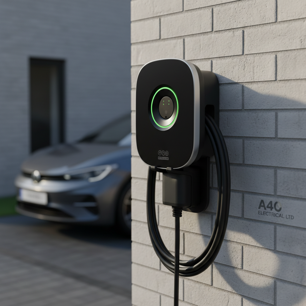A contemporary UK home driveway featuring a wall-mounted EV charge point in matte black and dark grey with a subtle LED status ring glowing soft green, indicating ready-to-charge. A thick, neatly coiled charging cable hangs on an integrated hook beside the unit, with the plug resting in a dedicated holster. The charger is mounted on a clean light-render brick wall, with a paved driveway and a parked modern electric car partially visible, softly blurred, in the background. Early morning natural light creates gentle highlights on the charger’s curved surfaces and soft shadows on the wall. Photographic realism, eye-level composition, and shallow depth of field, creating a focused, aspirational, and eco-conscious mood that emphasizes A40 Electrical LTD’s EV specialist expertise.