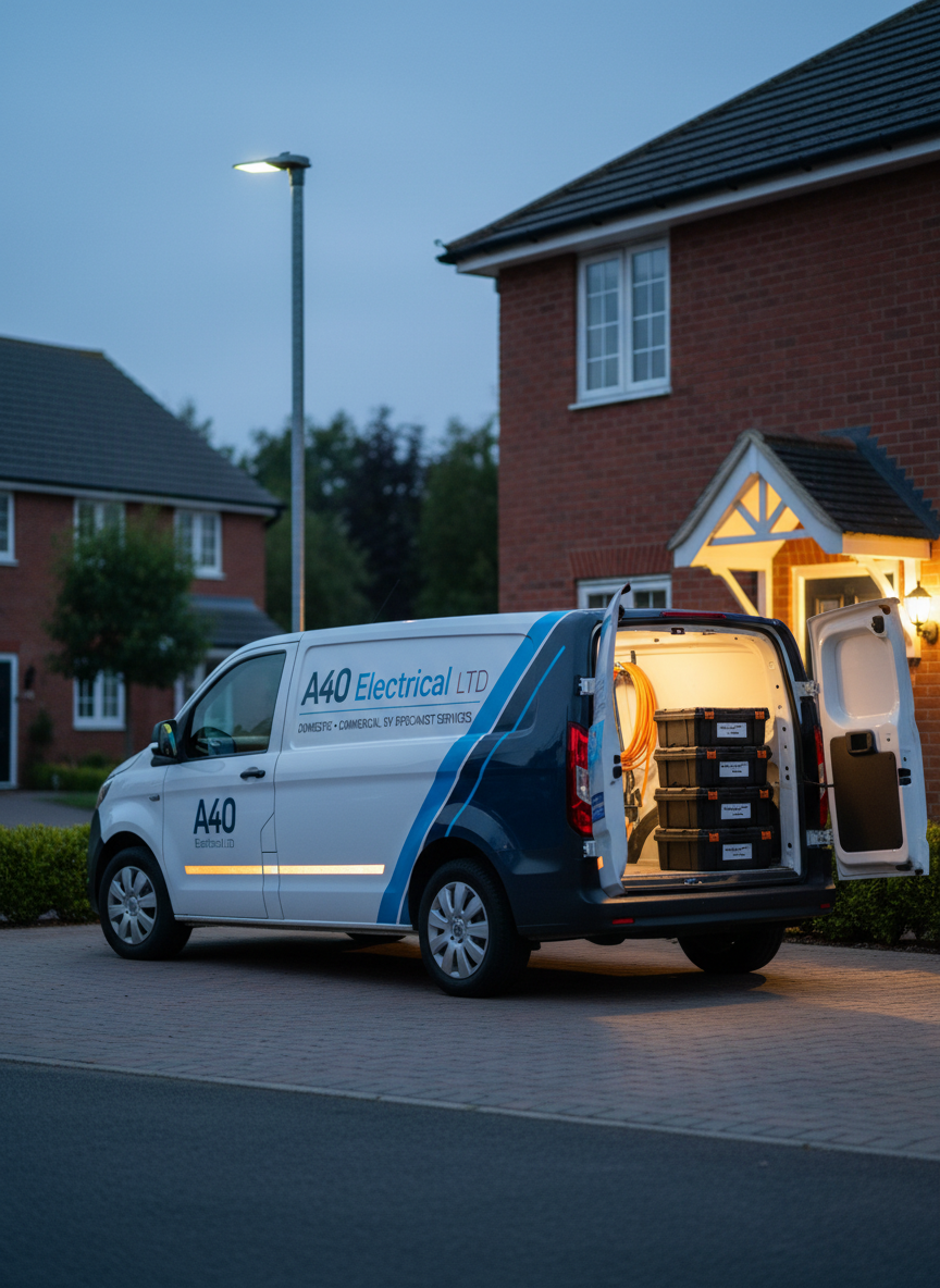 A sleek, modern UK-branded electrical service van parked neatly in a clean residential driveway at dusk, its sides displaying the A40 Electrical LTD logo and clear wording for domestic, commercial, and EV specialist services. The white and navy van body has reflective safety strips catching the soft, cool evening light from a nearby streetlamp and the warm glow of a house porch light. Coiled orange EV charging cables and an organized stack of labeled tool cases are visible through the open rear doors. Photographic realism, eye-level composition with a slight three-quarter angle, crisp focus on the branding while the background houses fall into a gentle bokeh. The mood is professional, trustworthy, and reliable, ideal for a service homepage hero image.