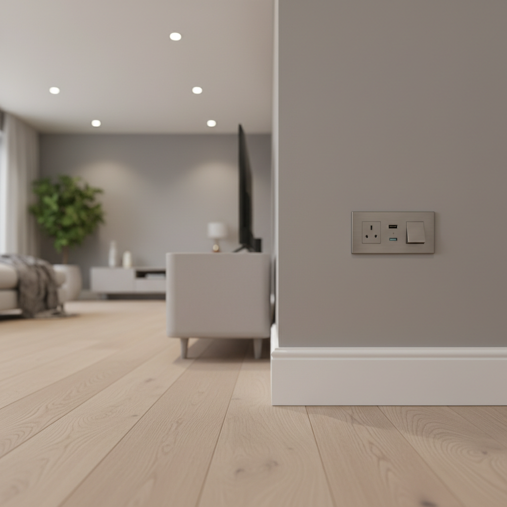 A high-end domestic living room corner showcasing perfectly installed recessed LED downlights in a smooth white ceiling, with dimmable warm white illumination creating a cozy, inviting ambience. On the wall, a flush-mounted brushed steel double socket with integrated USB ports and a matching light switch are aligned with precision above a skirting board. The room features a subtle grey painted wall, oak engineered flooring, and a minimal media unit with soft, out-of-focus edges. Photographic realism with a wide-angle, eye-level composition, moderate depth of field keeping the electrical fixtures in sharp focus while the rest of the room softly blurs. The mood is modern, comfortable, and professionally finished, highlighting premium domestic electrical work.