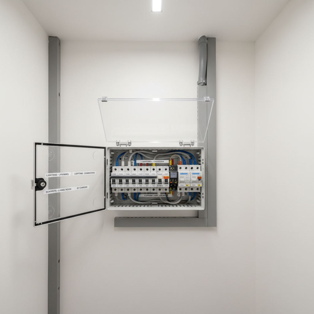 A spotless modern UK consumer unit (fuse board) with clearly labeled circuit breakers, surge protection device, and RCDs, mounted on a freshly painted white wall in a domestic utility room. Every breaker toggle is aligned, cables are neatly trunked, and labels are printed in a clean sans-serif font, indicating lighting, sockets, cooker, and EV charger. Soft, diffused overhead LED lighting creates even illumination with minimal shadows, emphasizing order and safety. Photographic realism at a slightly elevated, straight-on angle, showing the open hinged cover and pristine internal layout. The surrounding environment includes a neatly routed grey conduit and a tidy, uncluttered wall, conveying a professional, compliant installation and instilling confidence in electrical safety.