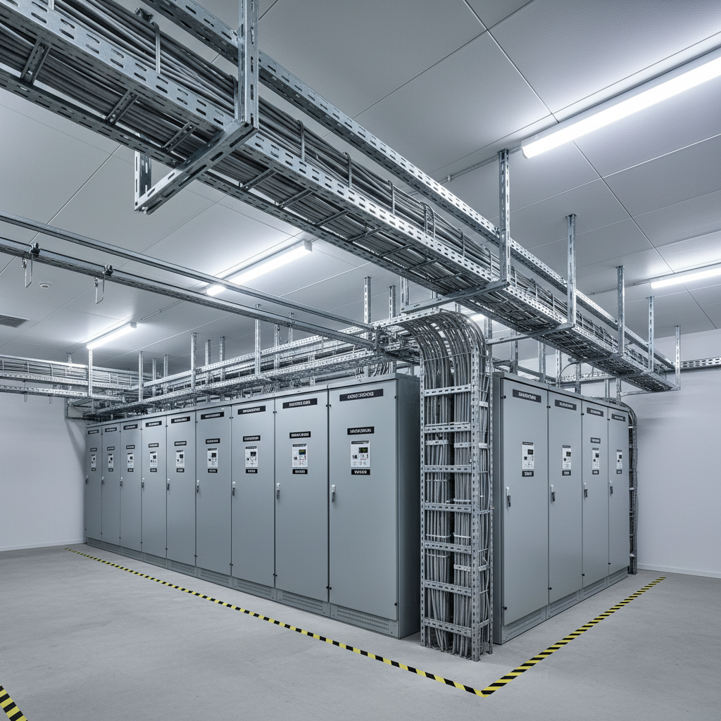 A clean, well-organized commercial electrical plant room featuring neatly installed metal cable tray, steel trunking, and armored cables running with perfect parallel alignment. On one wall, a row of industrial-grade distribution boards in grey steel enclosures is labeled with crisp engraved tags for different circuits and zones. Cool, neutral LED strip lighting from the ceiling casts even, shadow-free illumination, emphasizing the precision of the installation. The floor is polished concrete, free of clutter, with safety markings clearly visible. Photographic realism from a slightly low, wide-angle perspective, giving depth to the lines of cable management and panels. The atmosphere is highly professional, efficient, and reliable, ideal for illustrating commercial electrical capabilities.